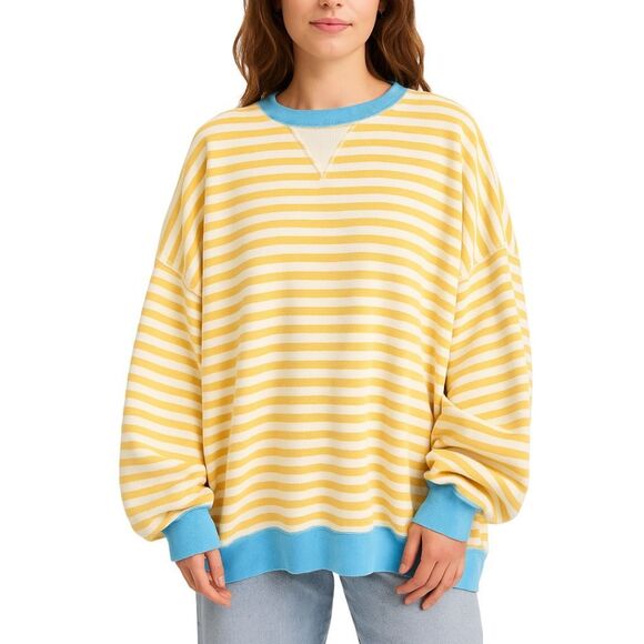 We The Free x Free People Classic Striped Oversized Crew Neck - Latte - Size XS - Picture 1 of 7